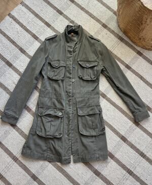 Fishbone Army Green Long Jacket Military Women’s Large Y2K Trench Coat Denim